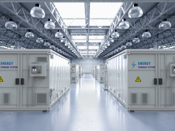 Blick in eine große Halle mit mehreren, hintereinander stehenden Batterieblöcken