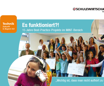 Auf dem Titelbild ist ein Mädchen, dass in ein selbstgebautes Schnurtelefon hört.  Ein großes Bild in der Mitte zeigt alle Beiteiligten an der Auszeichungsveranstaltung des Kinderhortes in Penzberg. Ein kleines, rundes Bild zeigt eine Frau, die einen Bohrer in der Hand hält und etwas bohrt.