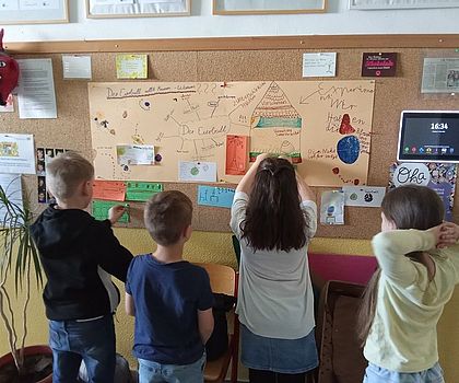 Auf dem Foto sind Kinder zu sehen, die an einer Plakatwand ihre Ergebnisse dokumentieren.