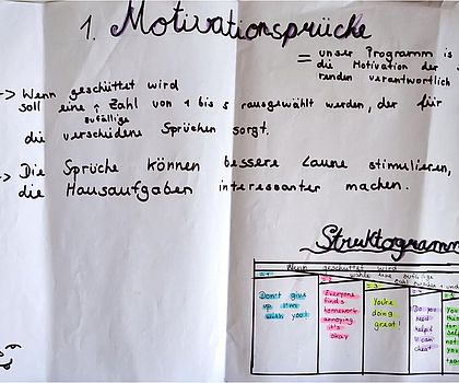 Handgeschriebene Seite mit Motivationssprüchen und einem Diagramm.