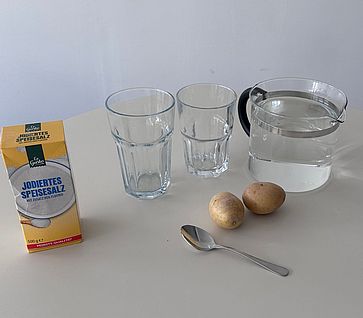 Man sieht die Material für unser Experiment:2 gleich große Gläser, Löffel, Salz, Warmes Wasser, 2 Kartoffel, so groß, dass sie gut in die Gläser passen