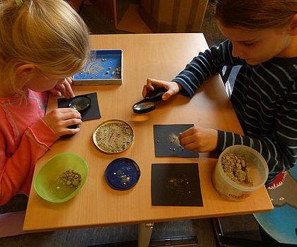 Auf dem Foto sind zwei Mädchen zu sehen, die an einem Tisch sitzen und mit Hilfe von Lupen ihre Sedimentproben aus dem Lech, untersuchen.