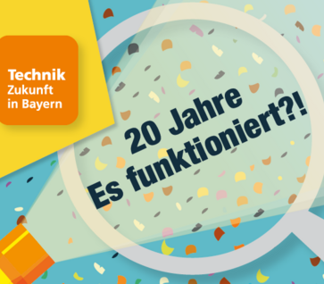 Auf dem Bild ist eine Taschenlampe und eine Lupe zu sehen. Im Licht der Taschenlampe und im Rahmen der Lupe steht in schwarzer Schrift 20 Jahre Es funktioniert?!. Auf blauem Hintergrund sind bunte Konfetti. Das Tezba- Logo ist links auf einem gelben Viereck zu sehen.