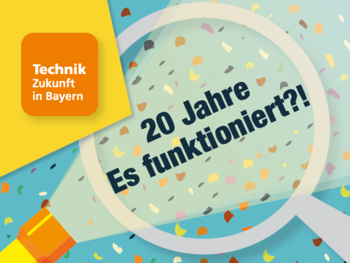 Logo zum Projektjubiläum 20 Jahre Es funktioniert?! Auf dem Bild ist eine Taschenlampe und eine Lupe zu sehen. Im Licht der Taschenlampe und im Rahmen der Lupe steht in schwarzer Schrift 20 Jahre Es funktioniert?!. Auf blauem Hintergrund sind bunte Konfetti. Das Tezba- Logo ist links auf einem gelben Viereck zu sehen.