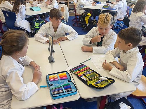 Auf dem Foto sitzen Kinder an Schultischen und teilen und schreiben ihre Vermutungen zur ihrer Forscherfrage auf. 