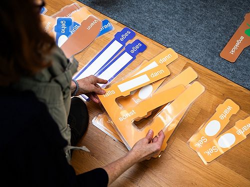 blaue und orange Karten mit Symbolen müssen in eine logische Anordnung gebracht werden