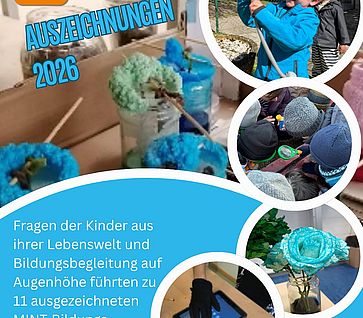 Auf diesem Bild werden ein paar Eindrücke der ausgezeichneten MINT-Bildungserlebnisreisen exemplarisch gezeigt: Gläser mit gezüchteten Kristallen, Kinder, die mit einer Lupe etwas entdecken, ein Tablet, bei dem der Touchscreen mit einem schwarzen Handschuh untersucht wird und eine blaue Blume in einer Vase. 