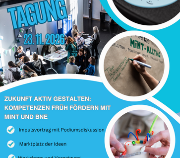 Auf diesem Bild wir zur Tagung eingeladen. Das Bild  lädt zur Tagung zur frühen MINT-Bildung ein. Es sind Informationen wie Datum, Ort und Inhalte zu lesen und grafisch dargestellt.