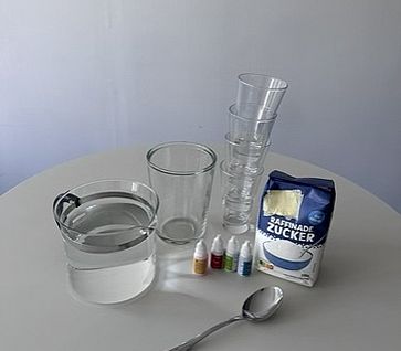 Material Experiment des Monats:: Regenbogen im Glas (Farbe, Gläser, Wasser, Löffel, Zucker)